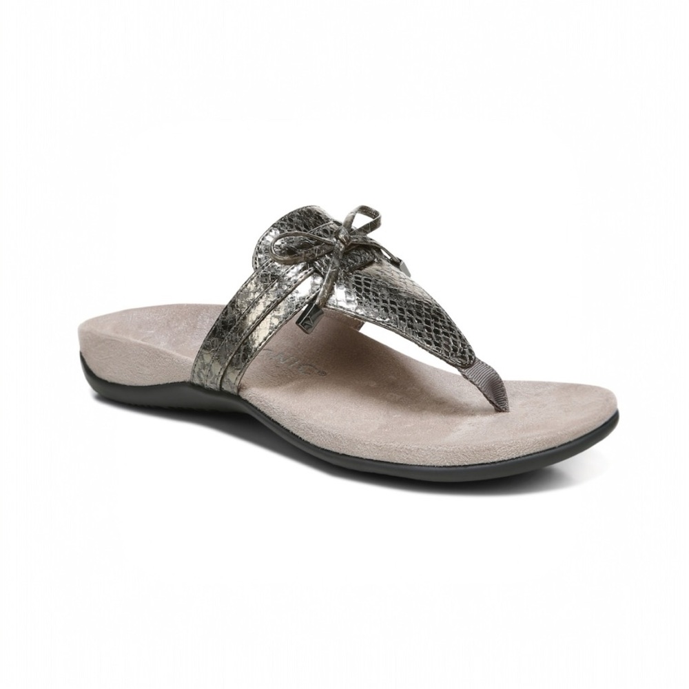 VIONIC Amaya Thong Sandals Pewter Metallic Python Embossed Leather Size 10W